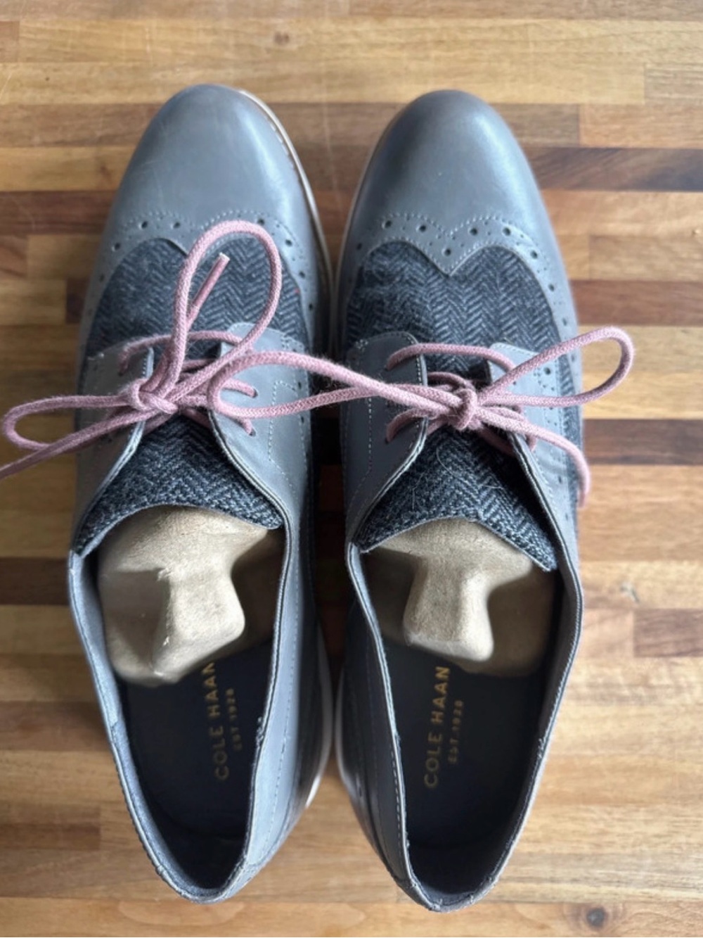 Cole Haan Gray Wingtip Oxfords with Pink Laces